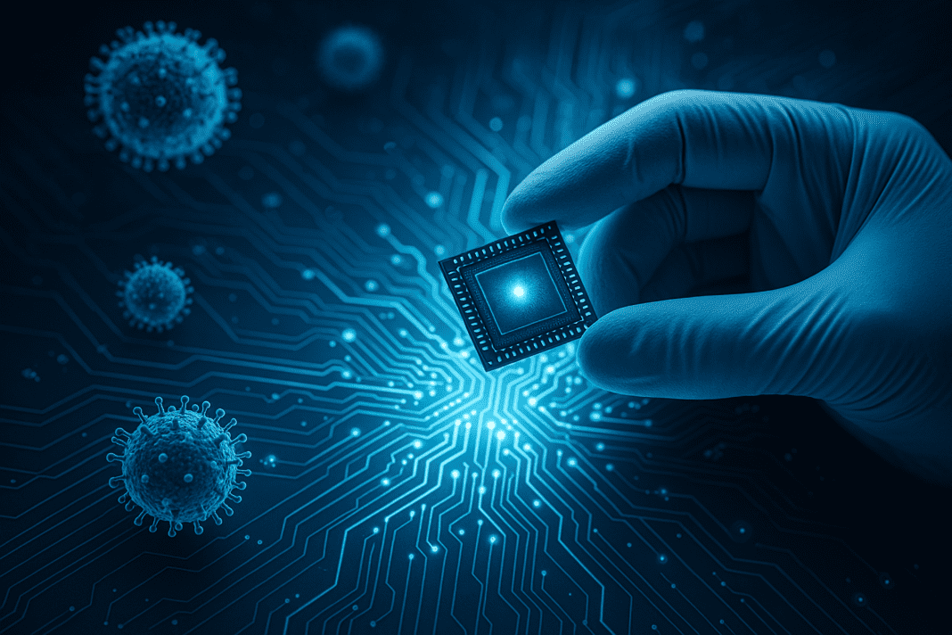 Gloved hand holding a glowing microchip over a digital circuit board with floating nanoparticles, symbolizing advancements in nanotechnology for medical electronics