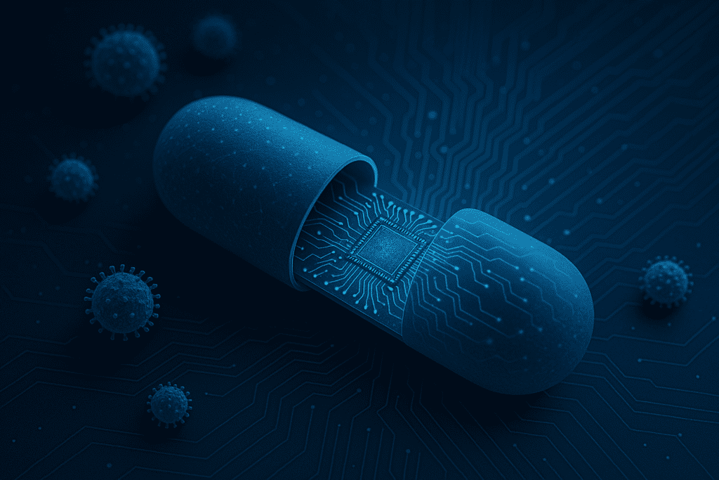 Futuristic capsule with embedded microchip surrounded by digital circuitry and nanoparticles, representing nanotechnology integration in medical drug delivery systems