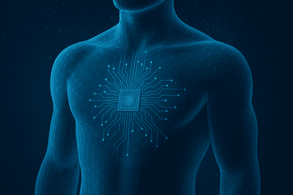 Digital wireframe of a human torso with a glowing microchip implanted in the chest, radiating circuit-like lines to symbolize nanotechnology integration in the human body