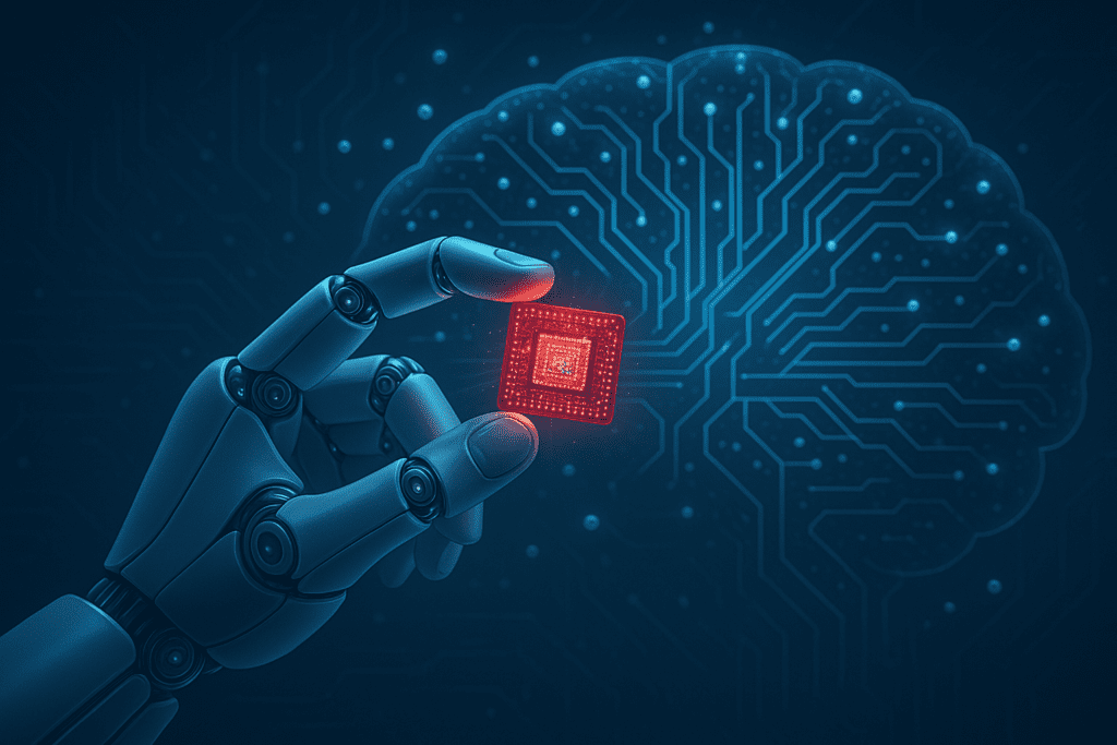 Futuristic robotic hand holding a glowing red microchip in front of a digital brain made of circuits, representing the convergence of nanotechnology and neuroscience in electronic medical innovation.