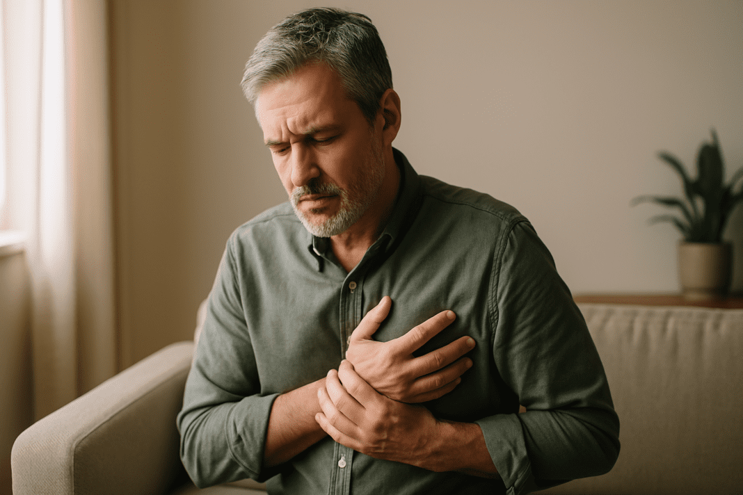 A middle-aged man sits on a beige sofa with his hands pressed to his chest, eyes closed and brow furrowed, appearing to experience chest discomfort in a softly lit room with neutral decor. Concerned man with graying hair clutches his chest while seated in a sunlit, minimalist living room, suggesting early signs of a heart-related episode.