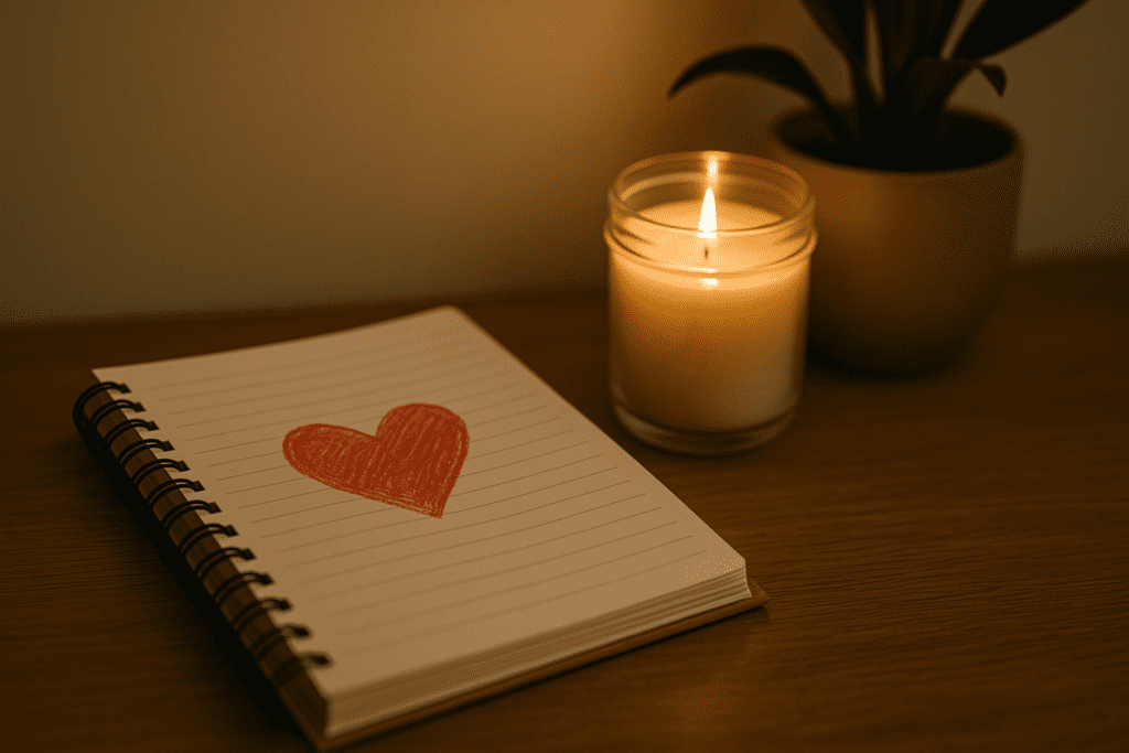 A spiral-bound notebook open to a red heart sketch sits on a wooden surface beside a lit candle and potted plant, illuminated by warm indoor ambient light in a calm, minimal setting.