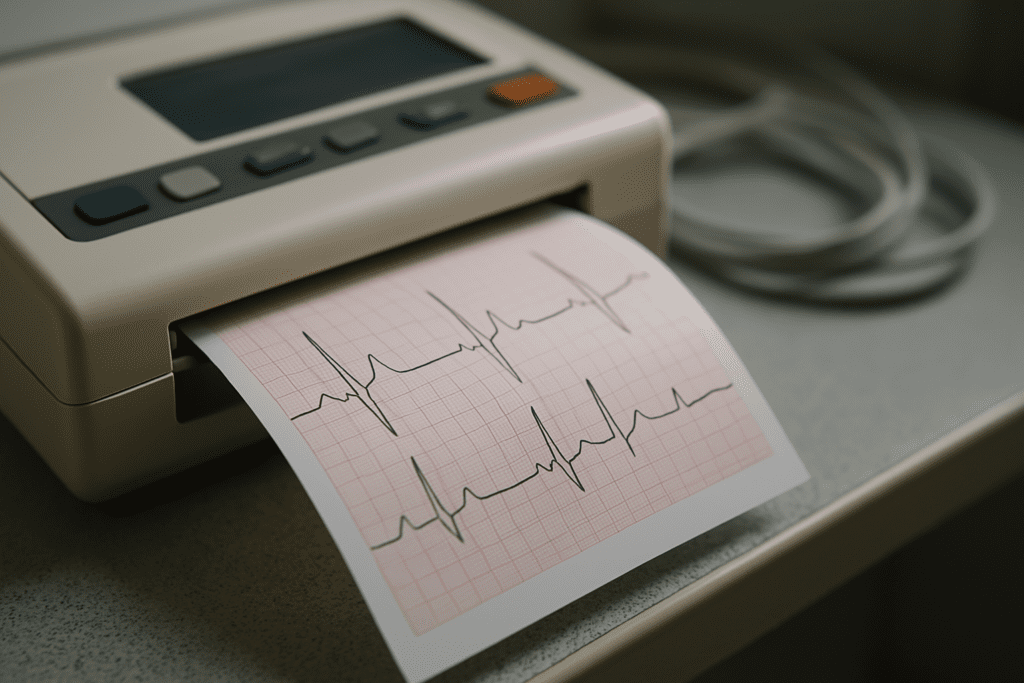 An electrocardiogram (ECG) machine prints a heart rhythm strip with sharp QRS complexes on pink graph paper, set on a gray countertop with coiled cables in the background.