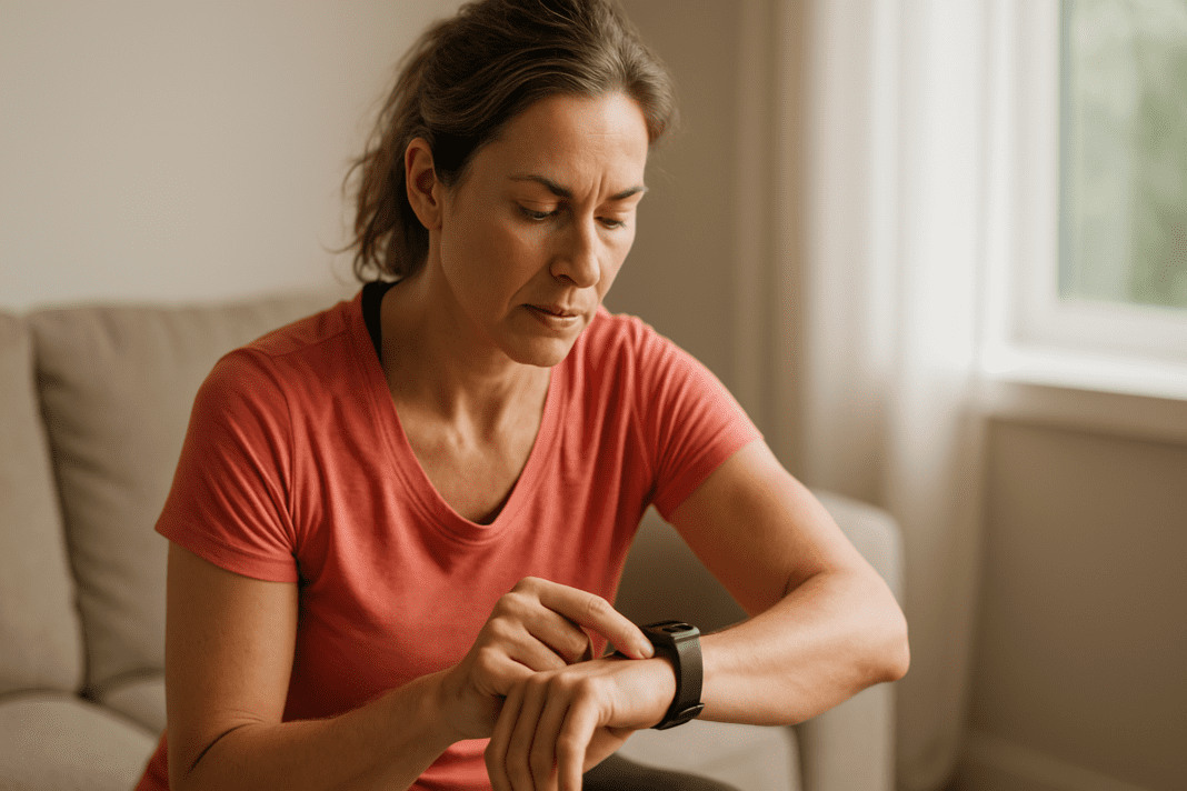 A middle-aged woman wearing a coral athletic shirt sits on a neutral-toned couch, checking her heart rate on a smartwatch in a softly lit living room with natural morning light streaming through a nearby window.
