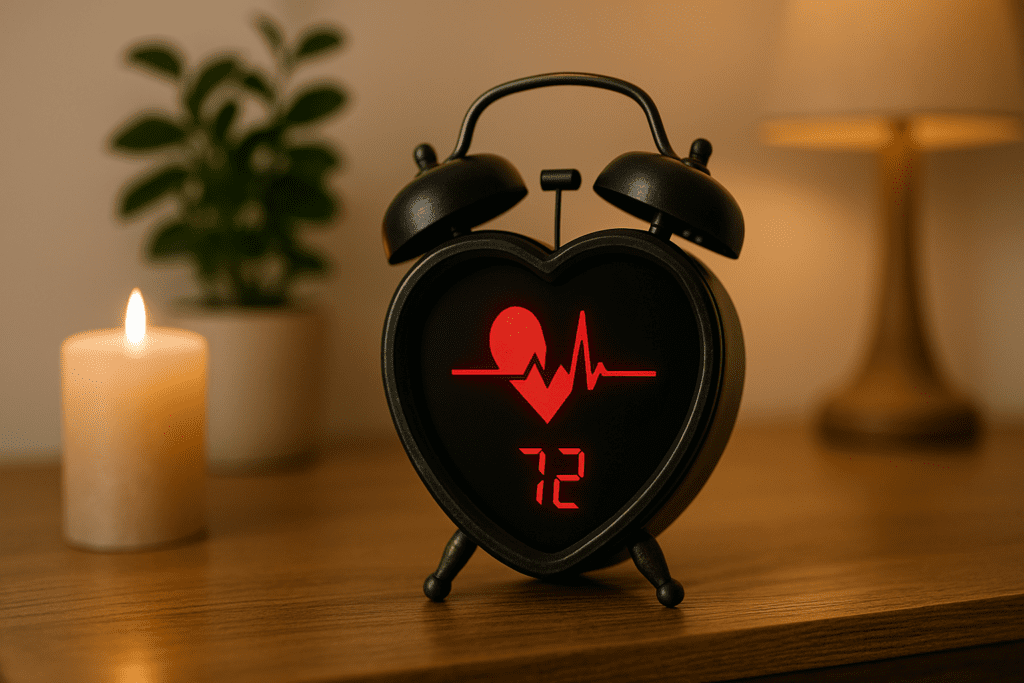 A heart-shaped black alarm clock with a glowing red heartbeat display reading “72” sits on a wooden table beside a soft beige candle and small potted plant, all warmly lit by a nearby lamp.