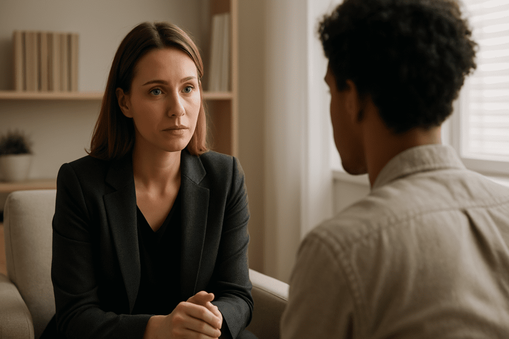 A female therapist in a dark blazer listens attentively to a male patient in a softly lit, minimalist office, with a blurred background of bookshelves and a window enhancing the calm, focused atmosphere.