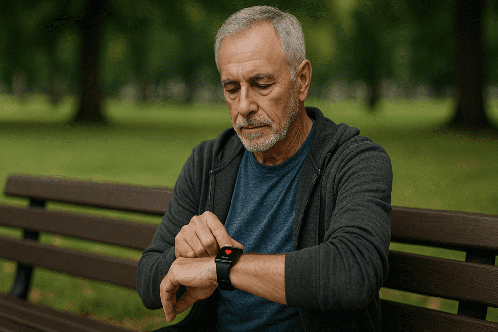 An older man with gray hair and a beard sits quietly on a wooden park bench, checking his heart rate on a smartwatch, surrounded by soft greenery and dappled natural light.