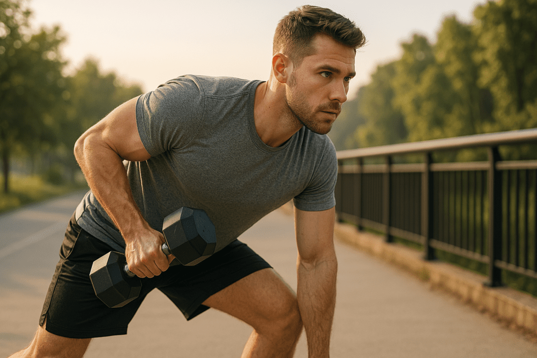 A fit young man performs a dumbbell row outdoors on a paved path with black railings, bathed in soft natural morning light. The scene emphasizes beginner strength training for fat loss and lean muscle building in a heart-healthy fitness routine.