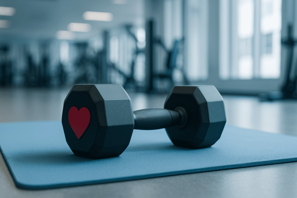A pair of black dumbbells with red heart icons rest on a blue workout mat in a modern gym, illuminated by cool clinical lighting. This clean, minimalist scene highlights symbolic strength training for heart-healthy muscle building and fat loss.