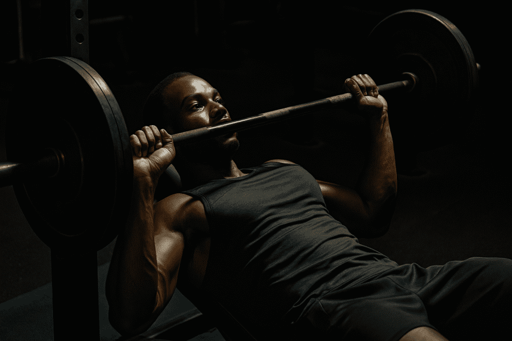 A muscular African American man lifts a heavy barbell during a bench press in a dimly lit gym, illuminated by dramatic moody lighting and deep shadows. The scene captures the intensity of strength training in a fat-burning, muscle-building workout plan for beginners.