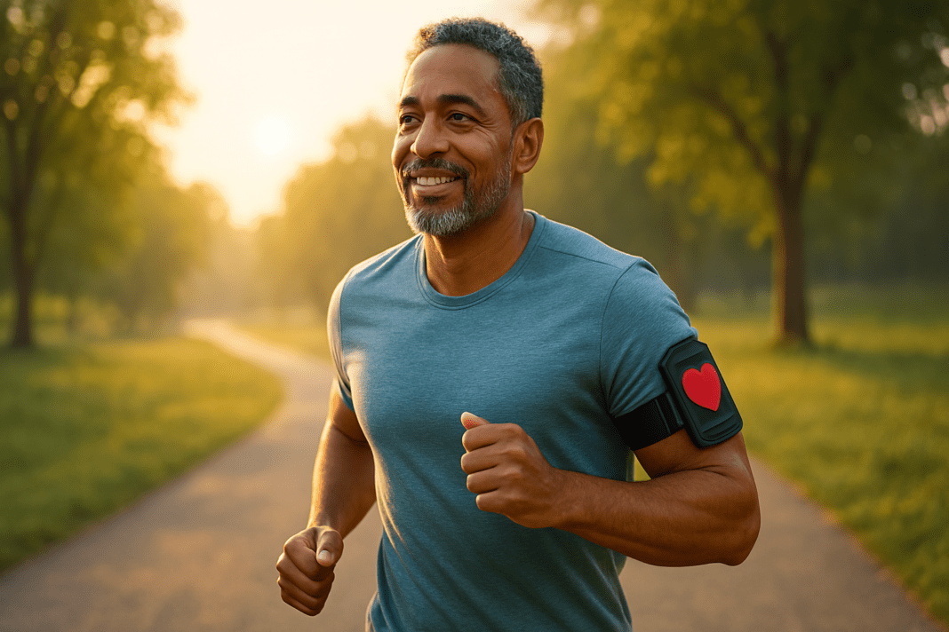 A photograph features a fit, light-brown-skinned middle-aged man jogging in a quiet, green park during early morning hours, with soft natural light casting a warm glow on his face and surroundings. This image visually supports heart-healthy fitness by showcasing outdoor cardiovascular training in a serene environment ideal for long-term heart health.