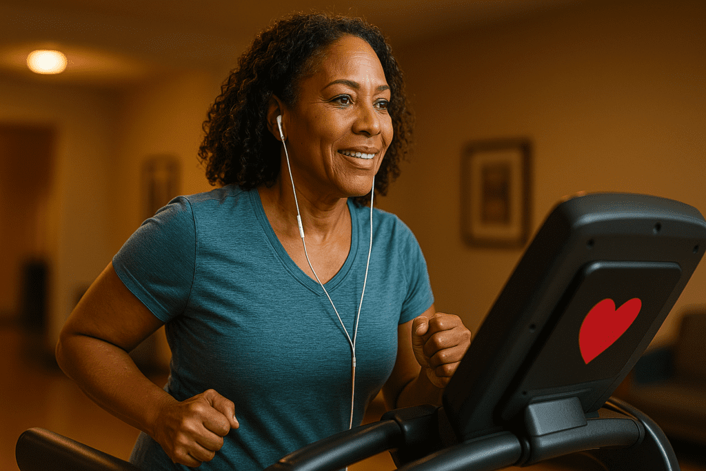 A photograph of an African American woman with shoulder-length curly hair walking on a treadmill in a warmly lit indoor gym, her face calm and focused as she listens to music through earbuds. The cozy lighting and heart icon on the machine emphasize a heart-healthy fitness routine ideal for long-term cardiovascular training.