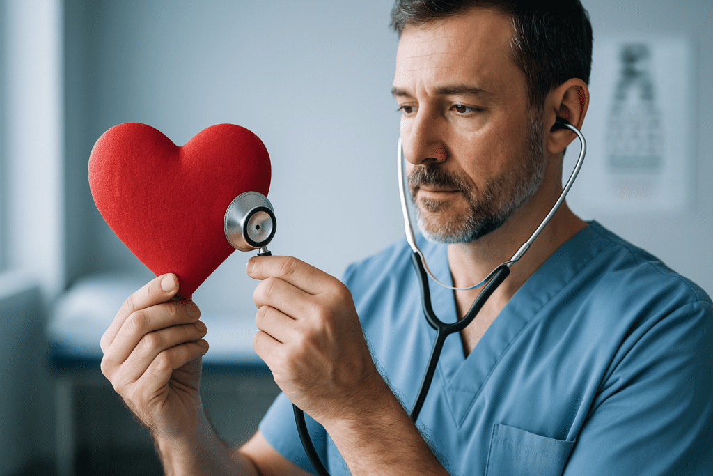 A digital photograph captures a Caucasian male doctor in light blue scrubs using a stethoscope on a bright red heart prop in a clean, cool-lit clinical room. The clear focus on cardiovascular care and heart health under clinical lighting supports the theme of choosing the right cardiovascular training for long-term heart wellness.