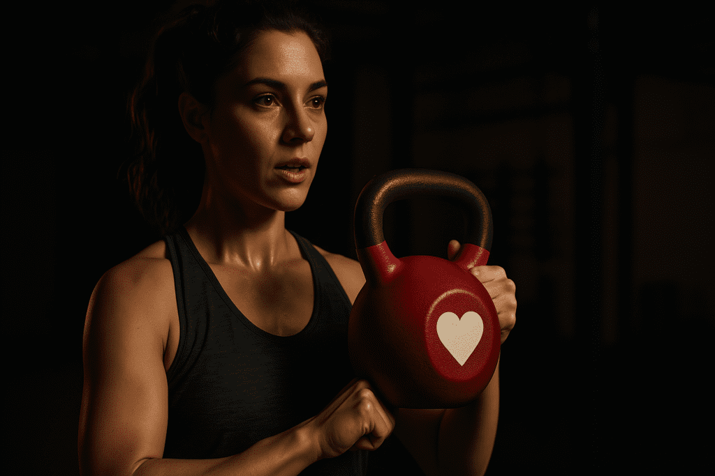 A photograph captures a fit young Caucasian woman lifting a red kettlebell with a heart symbol in a dimly lit gym, with moody shadows accentuating her strength and focus. This dramatic lighting and determined expression underscore the discipline and commitment involved in heart-healthy fitness programs designed for cardiovascular training.