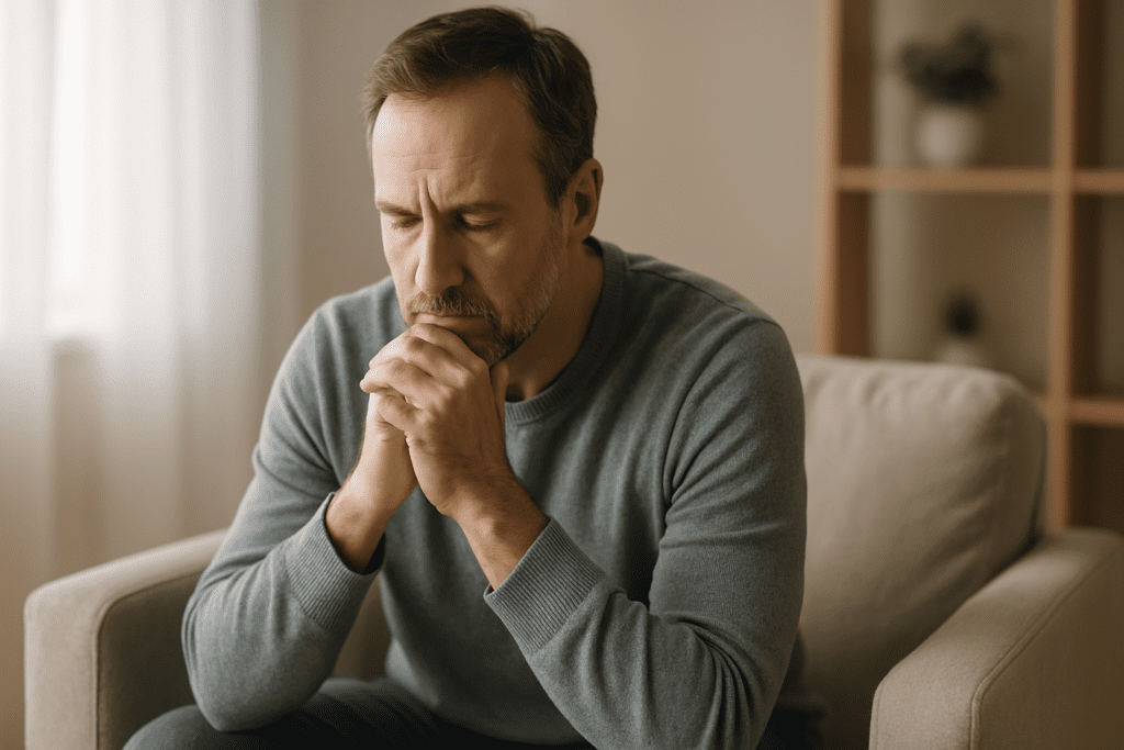 A middle-aged Caucasian man sits in a beige armchair with his hands clasped under his chin, appearing deep in thought. Soft natural light from a nearby window casts gentle shadows across the minimalist living room.