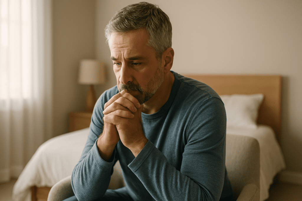 A middle-aged man with a salt-and-pepper beard sits pensively in a beige armchair, hands clasped near his mouth, in a softly lit bedroom with neutral tones.