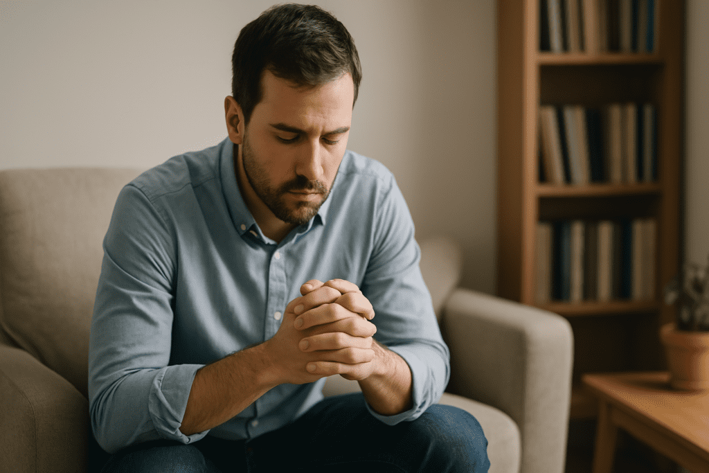A photograph captures a Caucasian man in his early 30s seated in a beige armchair, fingers interlocked and eyes closed in quiet reflection. The softly lit living room background includes a bookshelf and potted plant, creating a calm, contemplative setting.