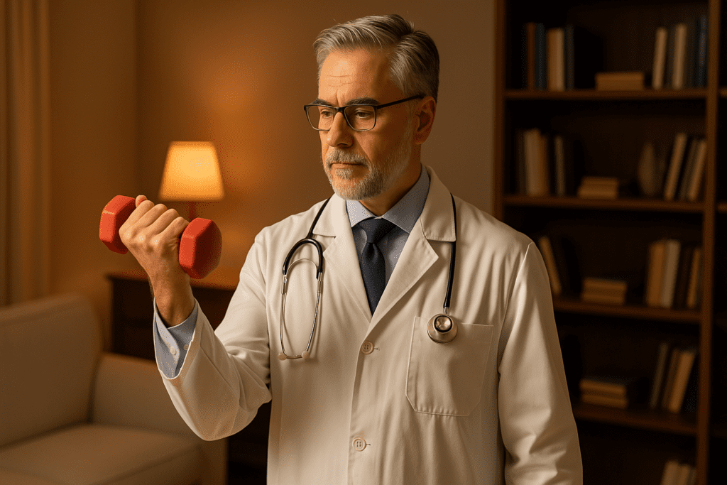A middle-aged male doctor in a white coat lifts a red dumbbell inside a warmly lit living room, symbolizing heart-healthy exercise and physician-endorsed home fitness routines. The ambient lighting and cozy background highlight a relaxed yet purposeful approach to cardiovascular health.