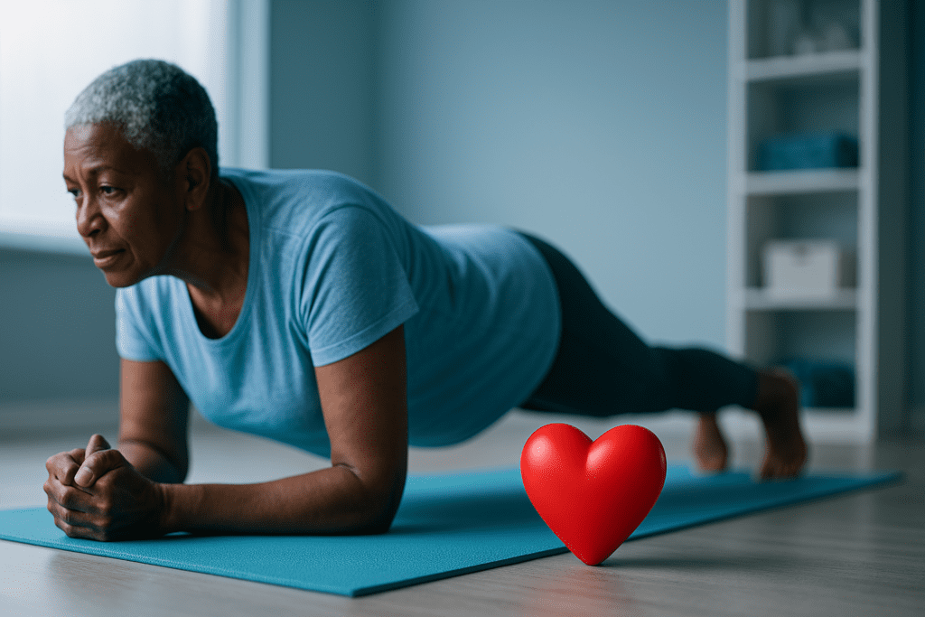 An older African American woman holds a plank position on a yoga mat in a cool-toned room, with a red heart-shaped object placed nearby symbolizing cardiovascular wellness. The clinical-style lighting and minimalist setting emphasize strength, discipline, and heart-healthy home workouts.