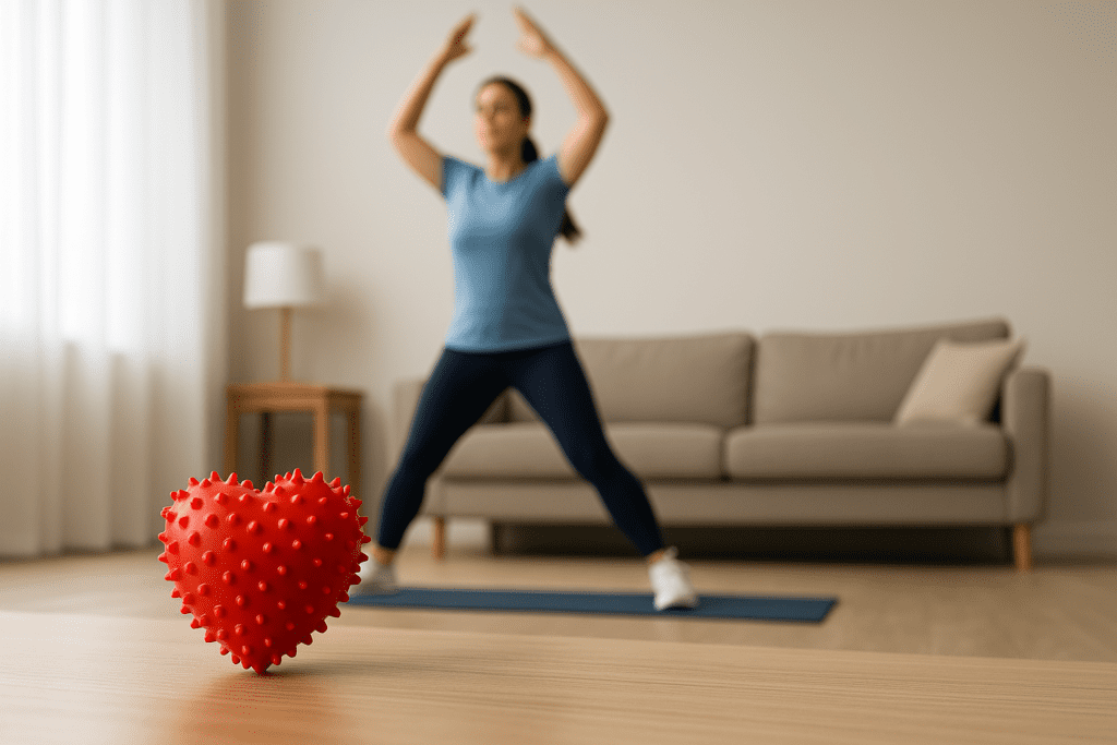 A woman performs jumping jacks in a sunlit living room while a red spiky heart-shaped massage ball sits in sharp focus in the foreground, symbolizing cardiovascular wellness. The bright natural lighting and modern decor enhance the theme of heart-healthy home workouts.