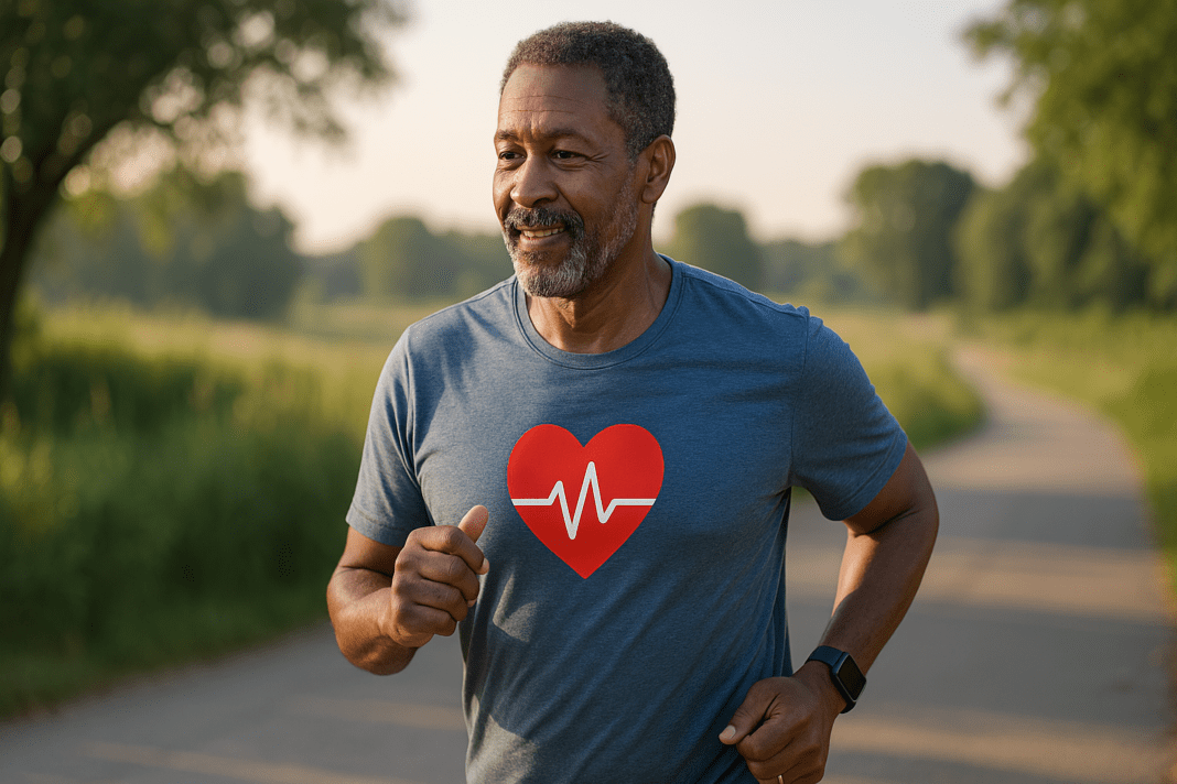 A middle-aged African-American man with a salt-and-pepper beard jogs outdoors on a paved path surrounded by lush greenery under soft natural morning light. His blue athletic shirt features a red heart with an ECG line, symbolizing heart-smart fitness, and the warm sunrise glow enhances the serene and health-focused mood of the image.