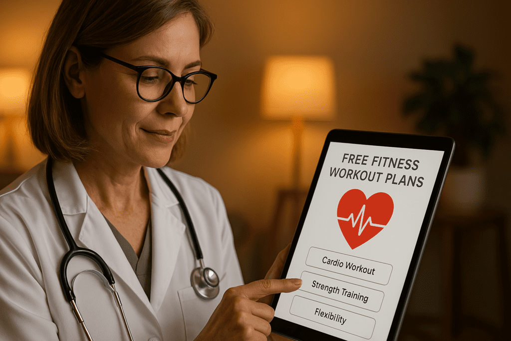 A female healthcare professional in a white lab coat and stethoscope reviews heart-smart fitness workout plans on a tablet in a warmly lit indoor setting. The screen displays clear options for cardio, strength training, and flexibility under a heart health icon, emphasizing accessible, doctor-recommended free workout programs to support cardiovascular health.