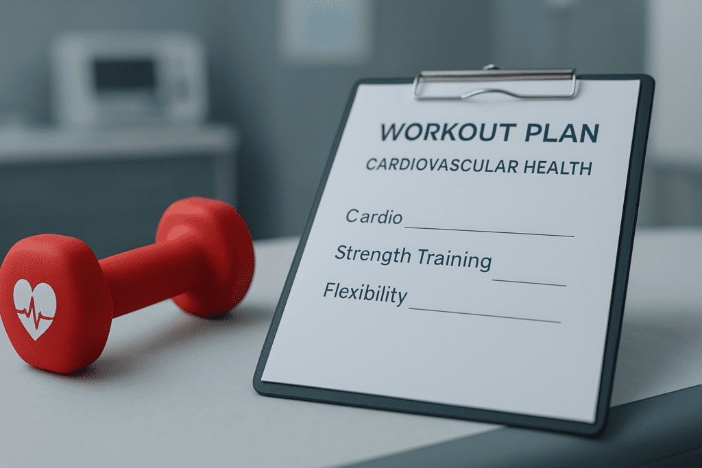 A red dumbbell with a white heart and ECG line logo rests beside a clipboard labeled “Workout Plan: Cardiovascular Health” on a gray clinical surface under cool, clinical lighting. The clean, modern medical setting and clearly listed categories—cardio, strength training, and flexibility—emphasize safe, doctor-recommended fitness strategies to support heart-smart living.