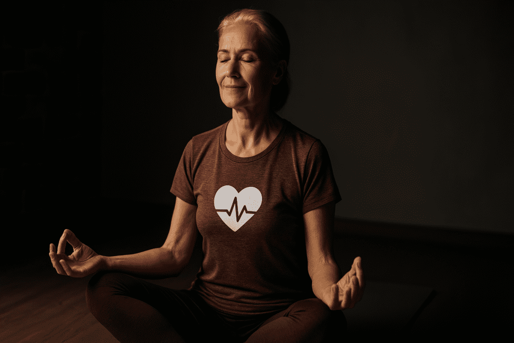 A serene older woman with white hair and closed eyes sits in meditation on a yoga mat, lit by moody lighting that casts soft, dramatic shadows across a minimalist room. Her burgundy shirt with a heart and ECG symbol reflects the theme of heart-smart living, promoting the cardiovascular benefits of mindfulness and safe indoor fitness routines.