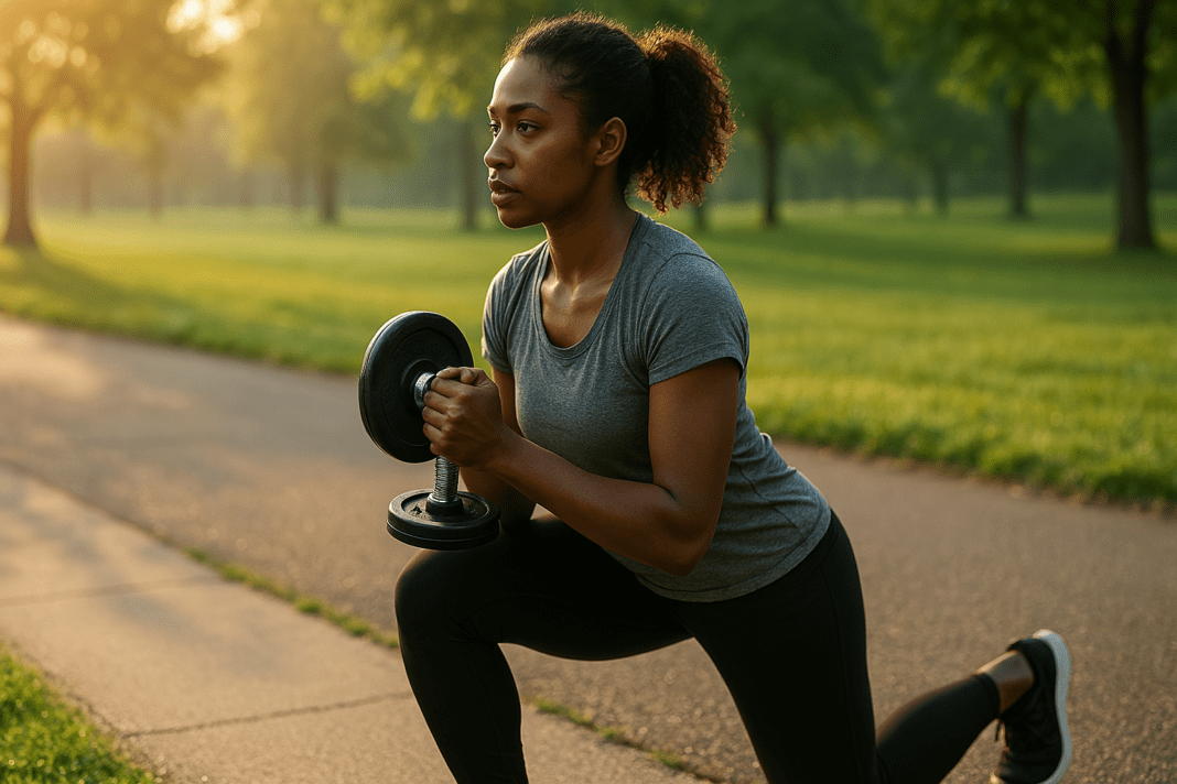 A young African American woman performs a dumbbell lunge on a quiet park path in soft morning sunlight, wearing athletic gear and maintaining strong form. The warm natural light and open green space emphasize the theme of full body workout routines for beginners in a peaceful outdoor setting.