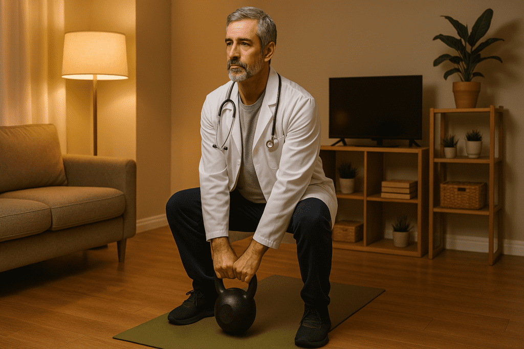 A middle-aged male doctor in a white coat and athletic pants performs a kettlebell squat in a warmly lit living room, surrounded by simple home furnishings and indoor plants. The soft ambient lighting and home setting highlight doctor-recommended full body workout routines suitable for beginners exercising at home.