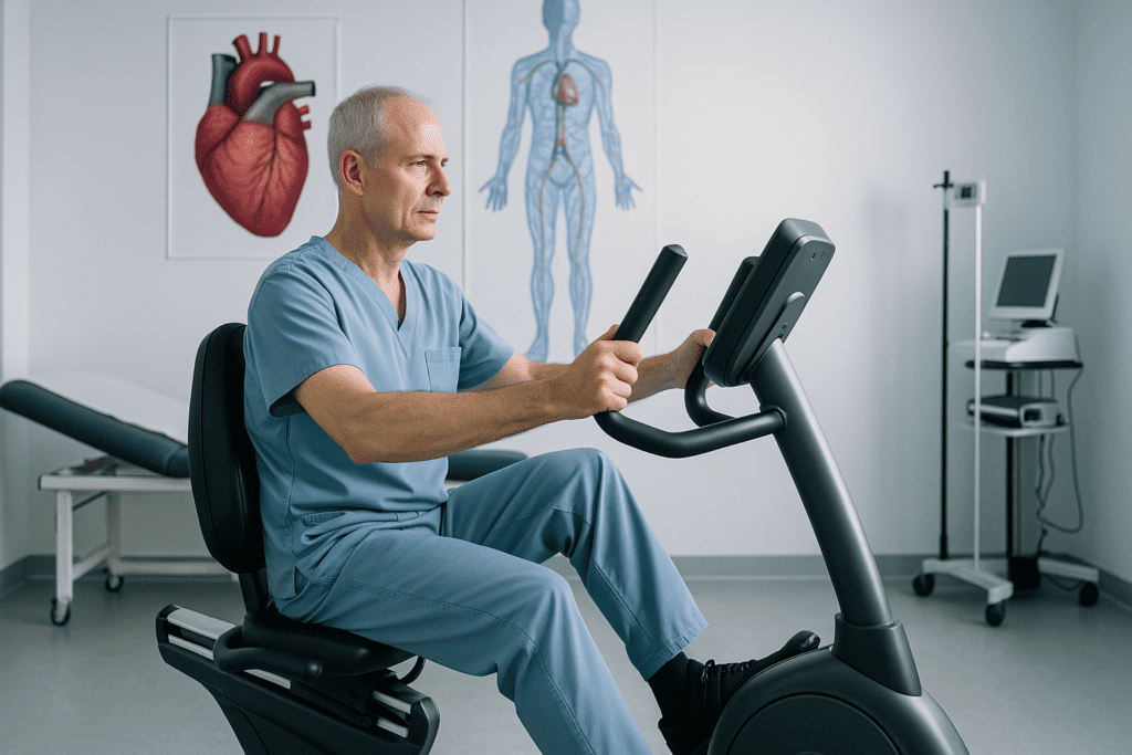 An older Caucasian man pedals a recumbent stationary bike in a medical clinic, wearing blue scrubs and focusing on his cardiovascular workout. The cool clinical lighting and medical setting emphasize the importance of beginner full body workouts for heart health under professional guidance.