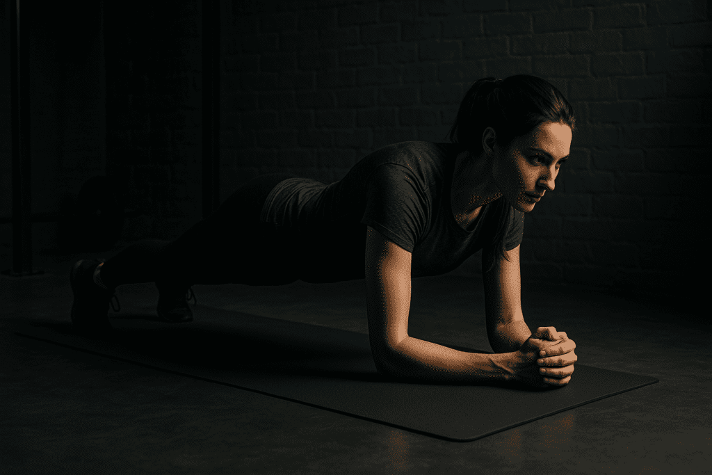 A fit woman with light skin holds a focused plank pose on a dark yoga mat inside a moody, industrial-style gym with dramatic shadows and overhead lighting. The textured brick walls and visible squat rack enhance the powerful atmosphere, emphasizing beginner-friendly full body workouts for cardiovascular strength.