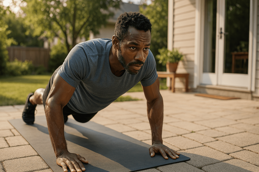 A fit African American man in his 30s performs a push-up on a yoga mat in a suburban backyard during the early morning. The scene is bathed in soft natural light, emphasizing his muscular form and focused expression, visually reinforcing the theme of a full body workout at home without equipment for cardiovascular health.
