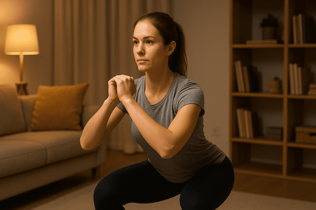 A young Caucasian woman in her late twenties performs a bodyweight squat in a warmly lit living room, surrounded by a cozy couch, bookshelf, and soft ambient lighting. The scene visually highlights a realistic and effective full body workout at home without equipment, supporting cardiovascular health through doctor-recommended exercises.