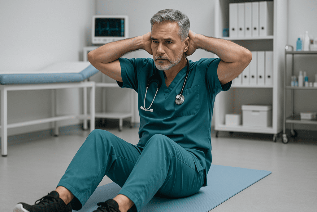 A middle-aged male doctor with salt-and-pepper hair performs abdominal crunches on a blue mat in a brightly lit medical office, dressed in teal scrubs with a stethoscope around his neck. The clean, clinical lighting and professional setting emphasize the importance of full body workouts without equipment to support cardiovascular health, even in a healthcare environment.