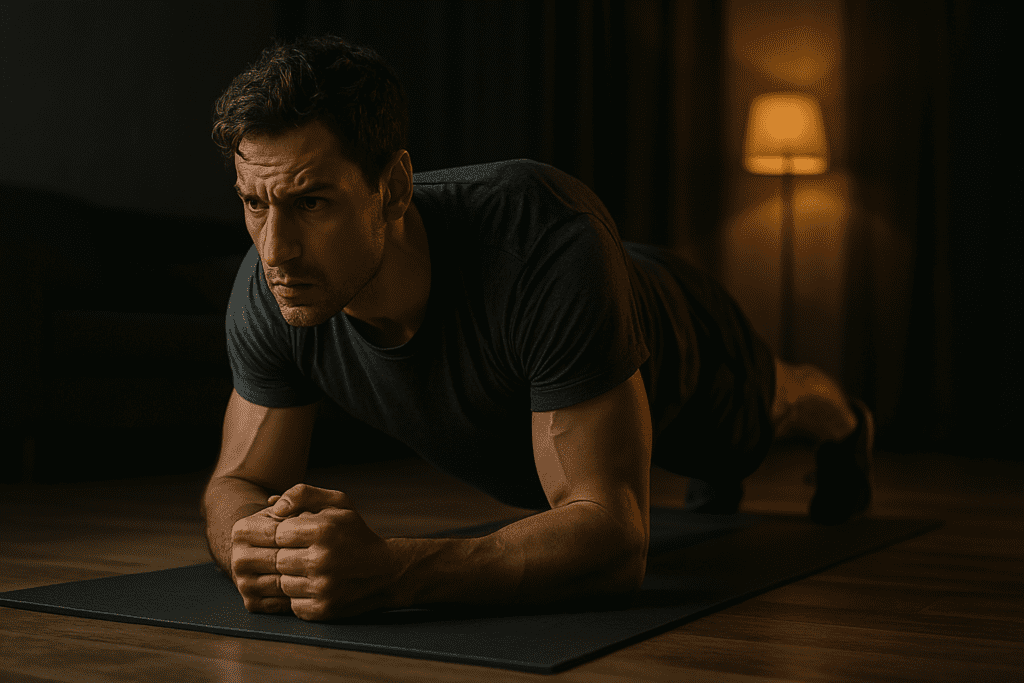 A muscular young Caucasian man holds a focused plank position on a yoga mat in a dimly lit room, illuminated by warm, moody lighting from a nearby floor lamp. The dramatic shadows and intense expression emphasize the discipline of bodyweight training, reflecting a powerful full body workout at home without equipment to support cardiovascular health.