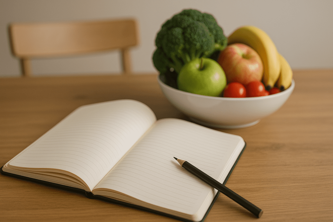 An open lined notebook with a pencil resting on its pages sits on a wooden table beside a bowl of fresh fruits and vegetables, including bananas, apples, broccoli, and tomatoes, in a softly lit kitchen setting