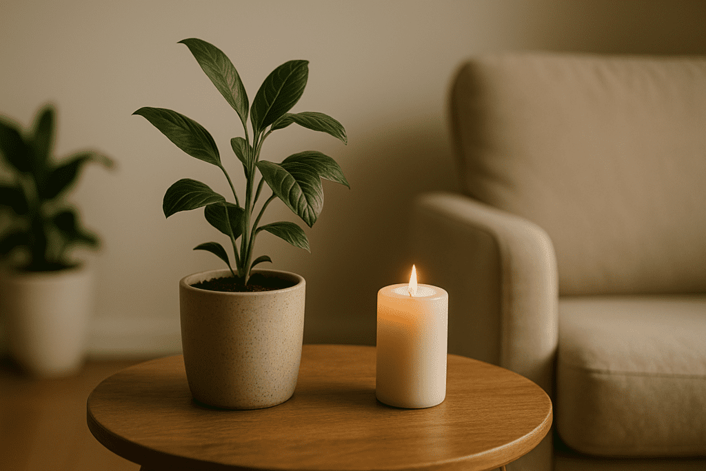 A small indoor plant in a beige ceramic pot and a lit candle rest on a wooden side table beside a neutral armchair in a softly lit living room, creating a calming, wellness-focused atmosphere