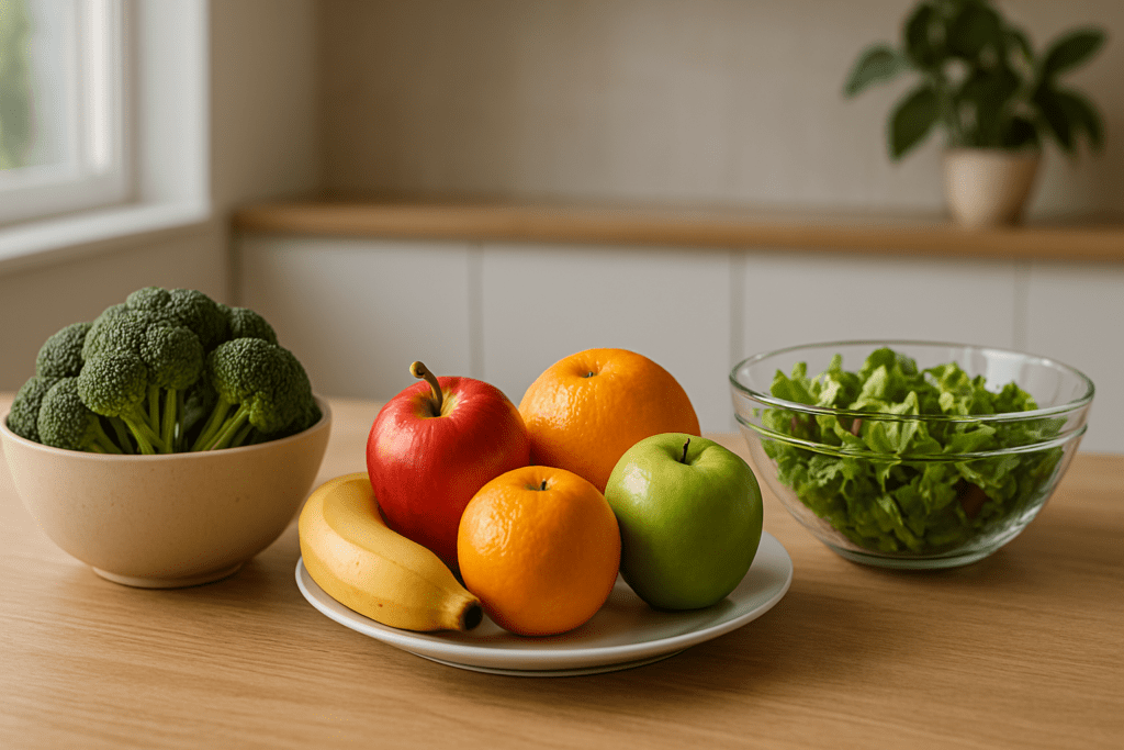 A clean kitchen countertop displays fresh produce, including a bowl of broccoli, a glass bowl of leafy green salad, and a plate of colorful fruits like apples, oranges, and a banana, under soft daylight from a nearby window