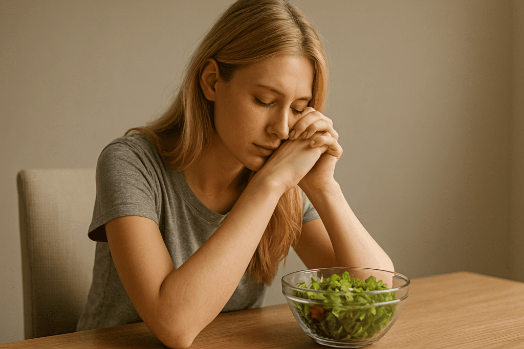 A young woman with blonde hair sits quietly at a wooden table, eyes closed and hands resting on her forehead, with a glass bowl of fresh salad in front of her, reflecting a moment of contemplation about healthy eating