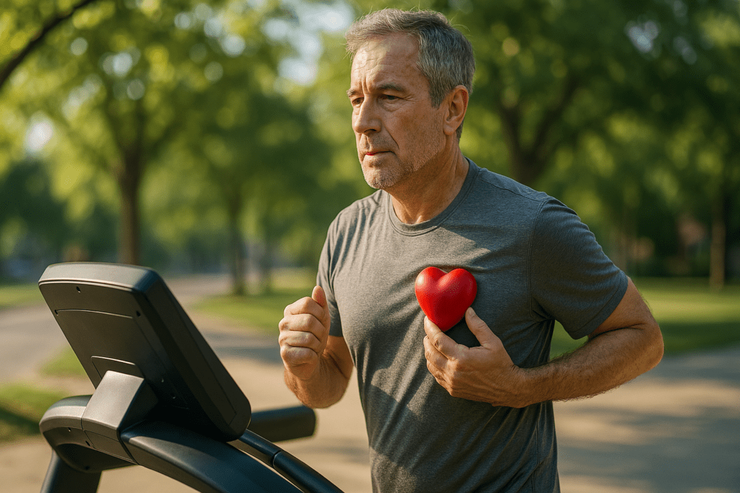 A middle-aged man jogs on a treadmill set outdoors in a park, holding a red heart-shaped stress ball against his chest in warm morning light. This heart-healthy fitness image emphasizes beginner cardiovascular exercise in a peaceful natural setting.