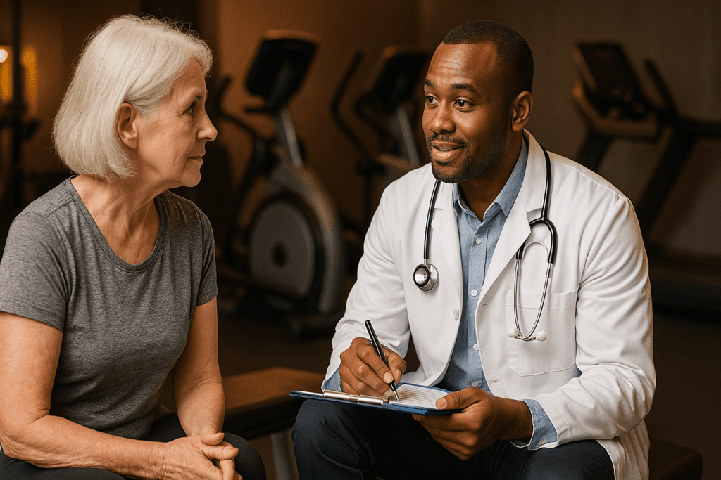 A doctor consults with an elderly woman in workout clothes at a gym, surrounded by blurred exercise machines in warm ambient lighting. This heart health gym advice scene emphasizes doctor-recommended tips for beginners starting a cardiovascular fitness journey.