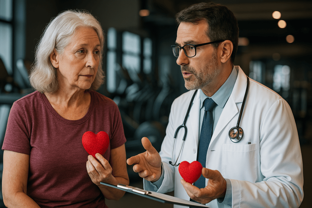 A doctor explains heart health to an elderly woman holding a red heart model in a gym setting lit with cool clinical lighting. This image highlights beginner gym guidance and cardiovascular education for older adults starting heart-smart fitness routines.