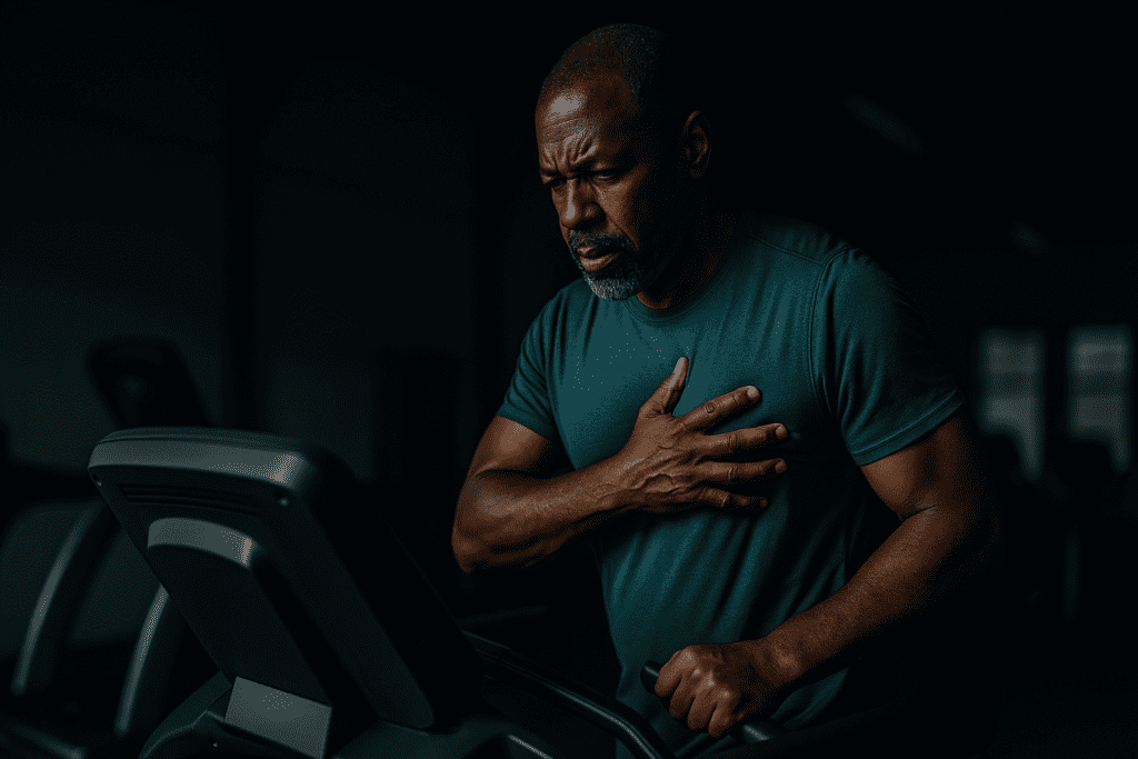 A middle-aged man grips his chest in concentration while walking on a treadmill in a dimly lit gym with dramatic shadows. This moody image illustrates the challenges and commitment of starting heart-smart exercise for cardiovascular health.