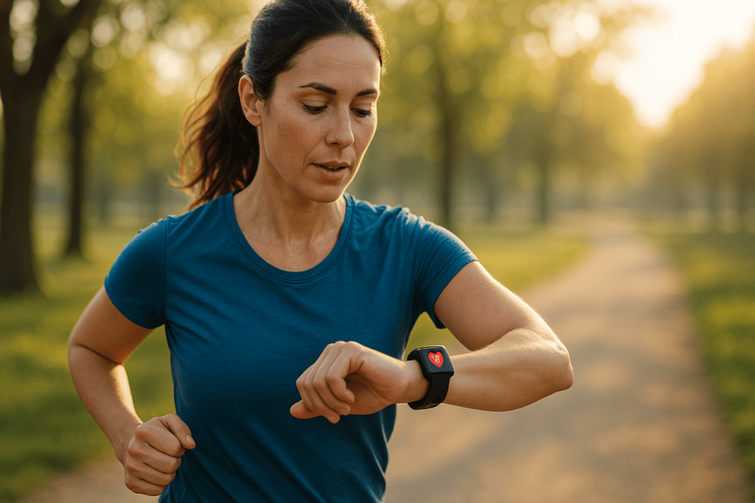 A fit woman in a teal athletic shirt jogs along a sunlit park path in soft natural morning light, glancing at her smartwatch to monitor her heart rate during Zone 2 cardio training. The serene, tree-lined outdoor setting and focused expression emphasize doctor-recommended heart rate zone tracking for optimal exercise intensity and cardiovascular health.