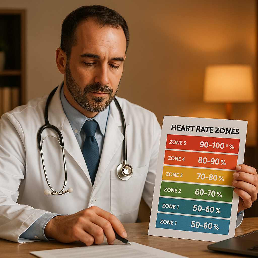 A male doctor in a white lab coat sits at a wooden desk in warm indoor ambient lighting, carefully reviewing a heart rate zone chart with five colored bands illustrating max heart rate percentages. The cozy clinical office setting and his focused expression emphasize the importance of understanding heart rate zones for doctor-recommended cardiovascular exercise guidance.