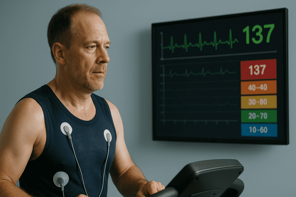 A middle-aged man undergoes a treadmill stress test in a clinical environment under cool clinical lighting, wearing electrode monitors and checking a digital screen displaying a heart rate of 137 and color-coded heart rate zones. The controlled lab setting and clear ECG readout emphasize doctor-supervised heart rate zone monitoring for optimal cardiovascular exercise intensity.