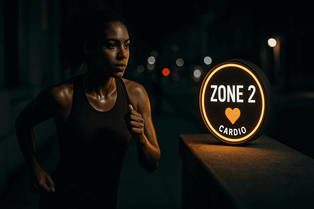 A young African American woman jogs with focus through a dimly lit urban sidewalk at night, illuminated by a glowing "ZONE 2 CARDIO" sign beside her. The moody lighting and dramatic shadows emphasize the concept of Zone 2 training for better cardio and heart health in a high-contrast, photorealistic fitness scene.