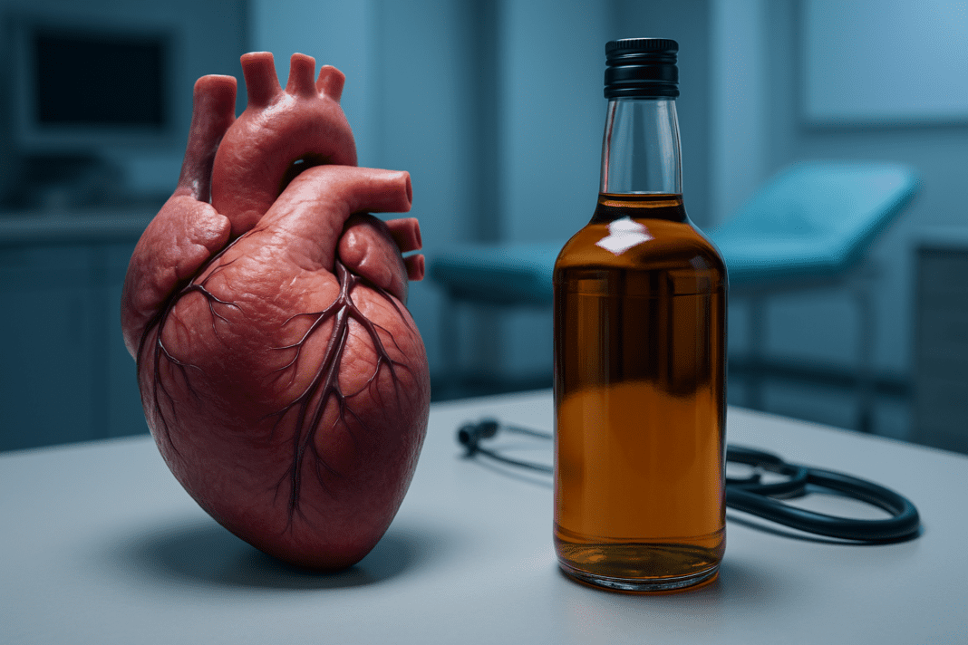 A photograph under cool, sterile lighting features a realistic anatomical heart model beside a bottle of amber alcohol on a medical examination table. The clinical setting and high-contrast textures emphasize the health risks of alcoholic cardiomyopathy and its effects on the heart.