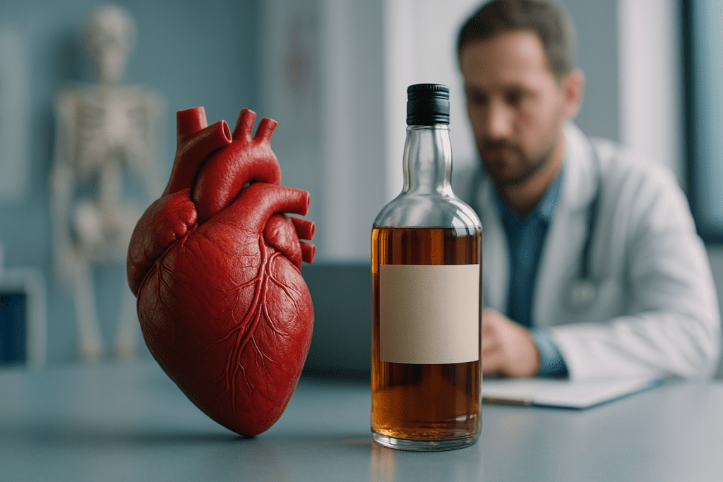 A lifelike anatomical heart model sits beside a bottle of amber-colored alcohol on a medical desk, with a doctor blurred in the background under cool clinical lighting. This close-up emphasizes the visual link between excessive drinking and heart damage, illustrating alcoholic cardiomyopathy in a medical context.